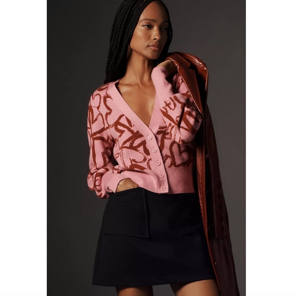 Anthropologie Maeve V-Neck Cardigan Sweater Hearts